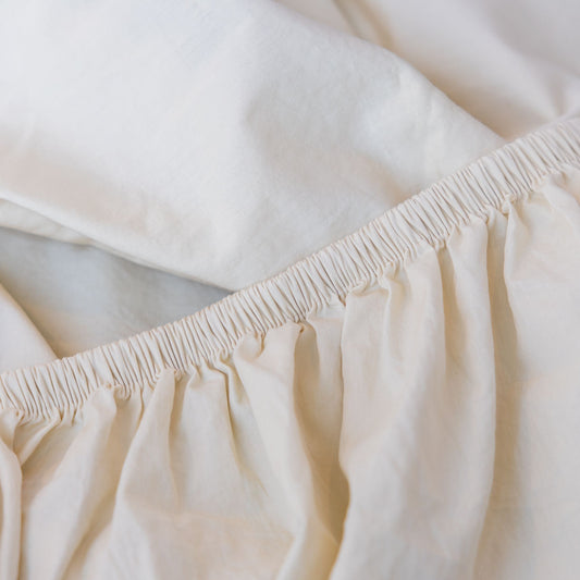 Close up of fitted sheet showing the thick elastic.